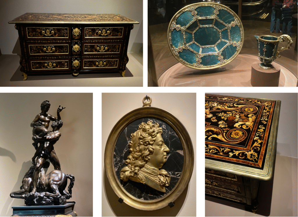 Plusieurs photos : meuble en marqueterie, vase, statuette en bronze, portrait de Louis de France.