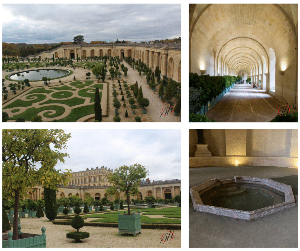 4 photos : l'orangerie vue du parterre Sud, un couloir intérieur, parterre de l'orangerie, vasque