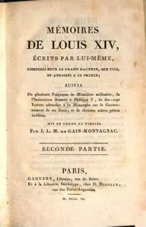 Page de garde des Mémoires de Louis XIV, écrit par lui-même. Seconde partie