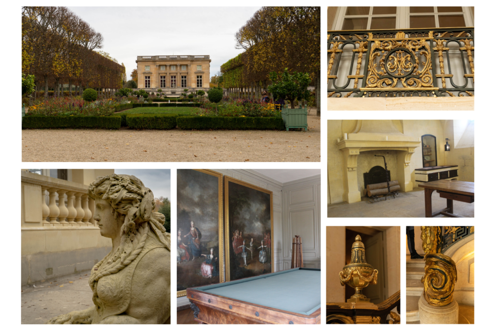 Petit trianon, chiffres de Marie-Antoinette, Statue exterieure, cheminée, salle de billard, décor escalier