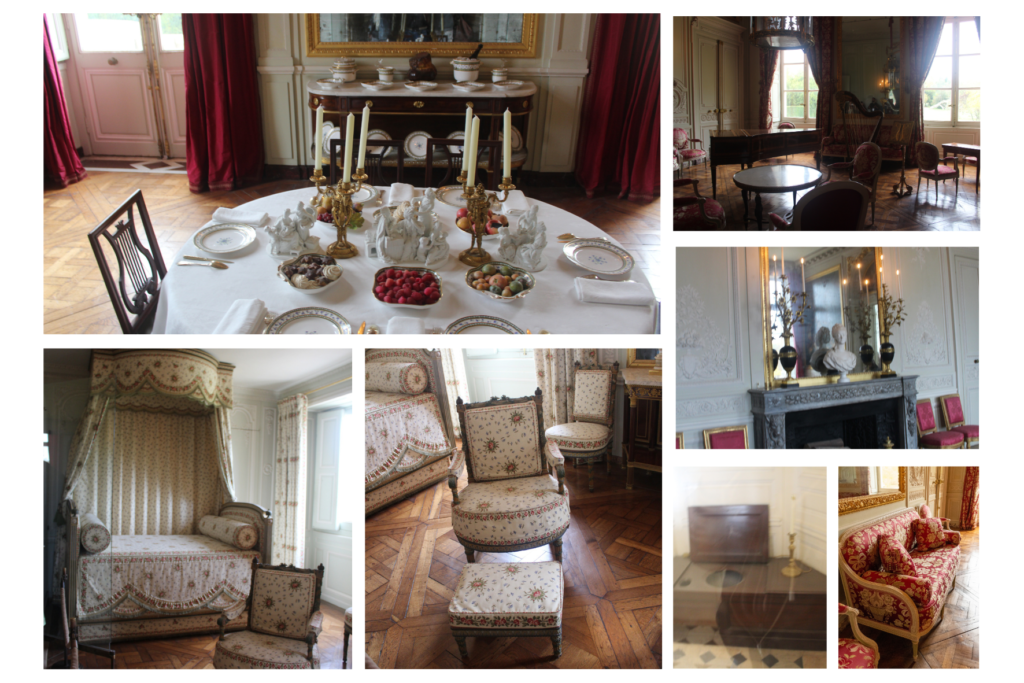 Salle à manger, salle de musique, cheminée, chambre de la reine, toilette, fauteuil
